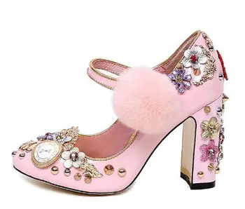 

Ladies Rhinestone Flower Pink Wedding Shoes Round Toe Ankle Strap Rivet Vintage Pearl Metal Fur Crystal High Heels Stud Pumps