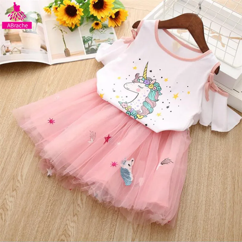 

Abrache Baby Girls Skirt Set Summer Cartoon Unicorn Off-shoulder Trumpet Sleeves Shirt Mesh Skirt Two-piece Children's Wear 3-7Y