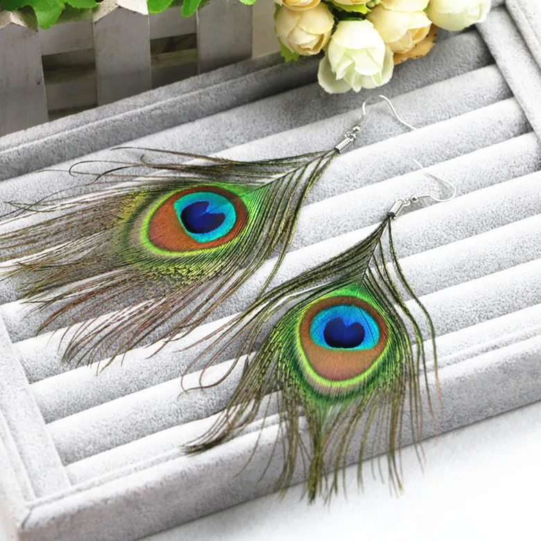 

H:HYDE Fashion Hot Selling New Style Assorted Color Peacock Natural Feather Earrings Wholesale Drop Earrings brincos