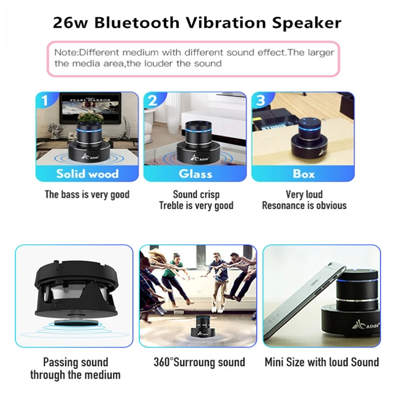 Adin 26w Vibration Speaker Bluetooth Resonance Vibration Touch Stereo Mini Portable Bass Speaker Su