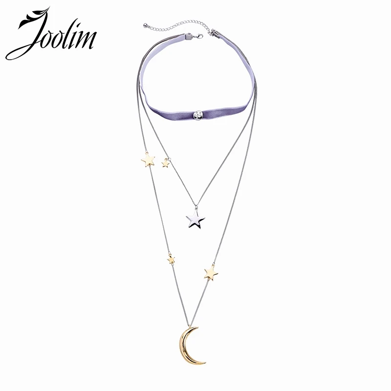 

Joolim Jewelry Wholesale Black White Gray Velvet Moon Star 3 Layers Necklace
