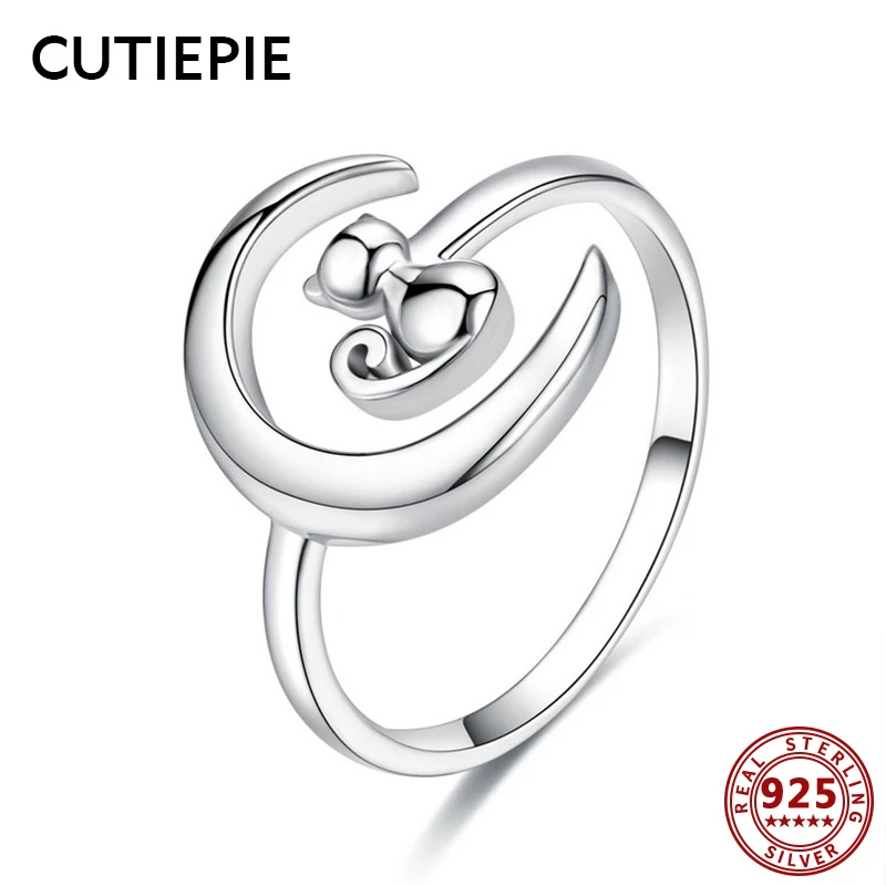 

CUTIEPIE Real 925 Sterling Silver Animal Moon Cute Cat Adjustable Rings for Women Party Anniversary Gifts Silver Ring Jewelry