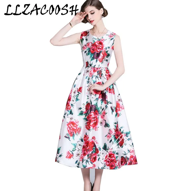 

2019 New Fashion Designer Runway Spring summer womans dresses Sleeveless Rose Floral Printed party long Dress