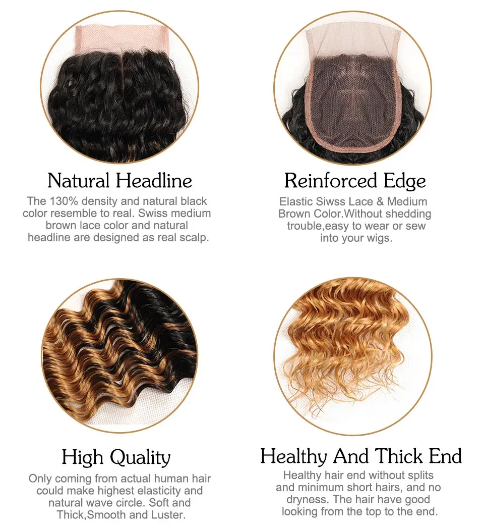Pinshair Per-Colored Ombre T1B27 Malaysian Deep Wave 3 Bundle With Closure Blonde Human Hair Extension 4Pcs Weave Non Remy Hair (4)
