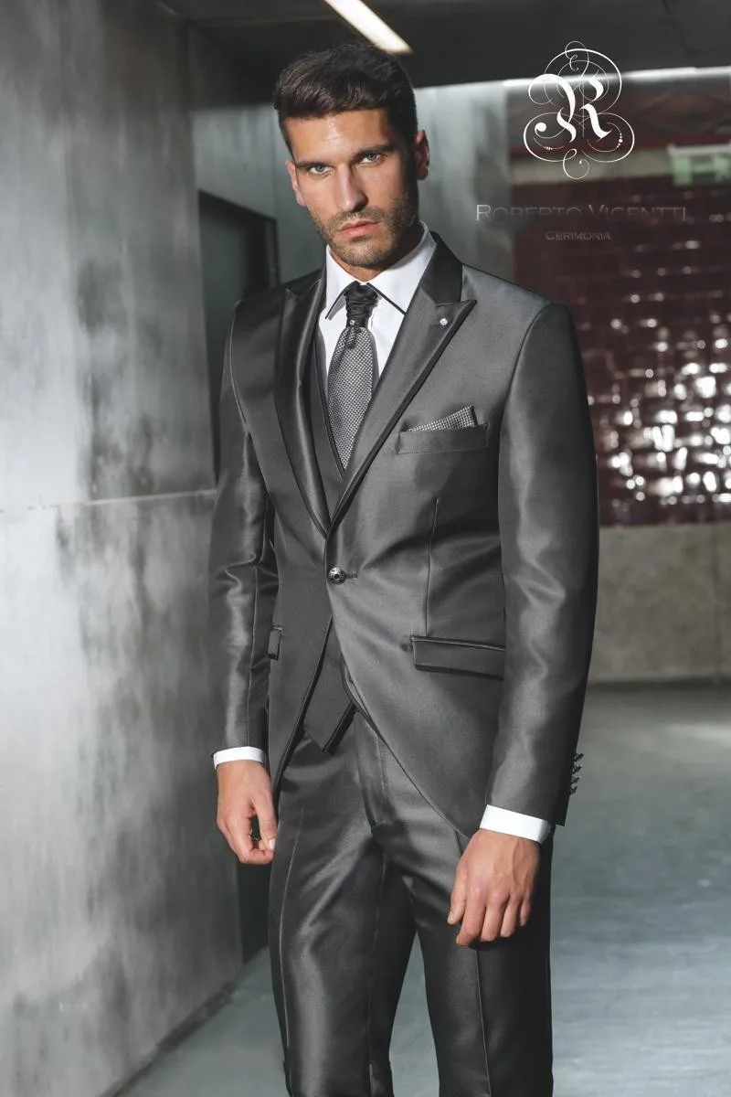 

New Arrival Groom Tuxedo Shiny Grey Groomsmen Peak Lapel Wedding/Dinner Suits Best Man Bridegroom (Jacket+Pants+Tie+Vest)B334