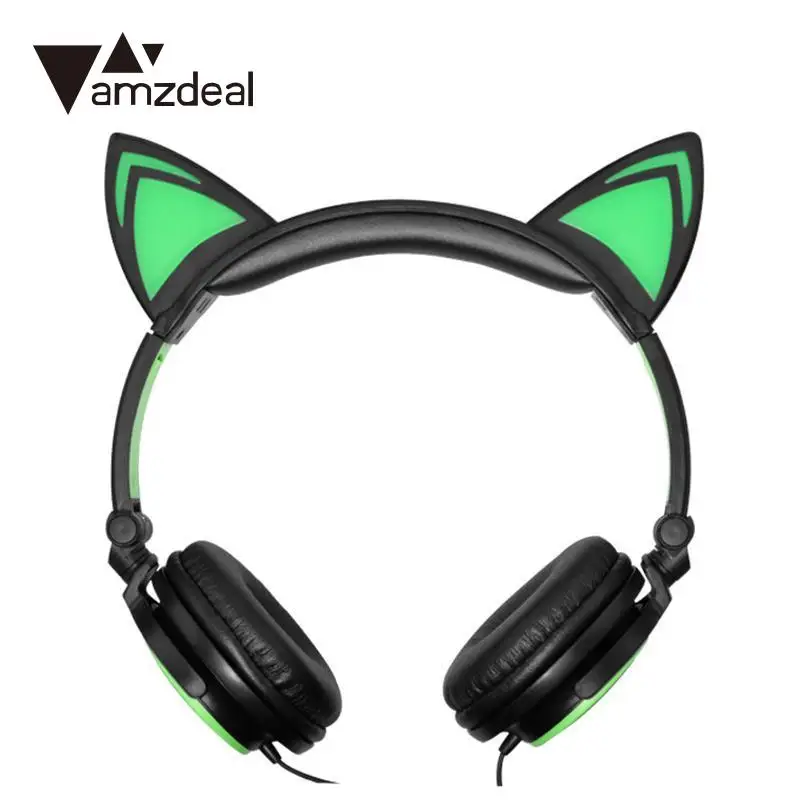 

amzdeal Cat Ears 3.5mm Wired Foldable Glowing Light Up Headband Stereo Headphone Headset Earphone High Quality Children Gift
