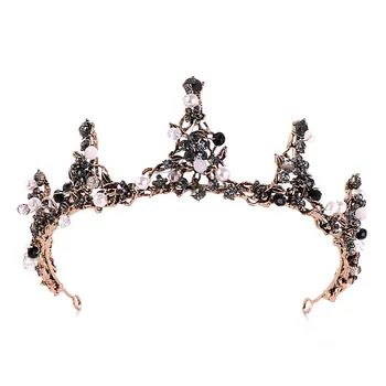 

Baroque Bride Wedding Hair Jewelry Accessories Vintage Black Crystal Beads Pearls Bridal Tiaras and Crown Rhinestone Diadem BH