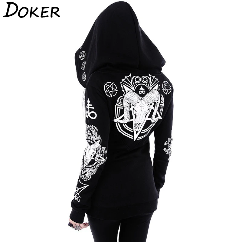 5XL Gothic Punk Print Hoodies Sweatshirts Women Long Sleeve Black Jacket Zipper Coat Autumn Winter
