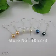 Потрясающие! жемчужной сережкой АА 7-8 мм, розовый и черный цвет, размеры плюс: натуральный пресноводный жемчуг серьги, серебряные серьги A2374