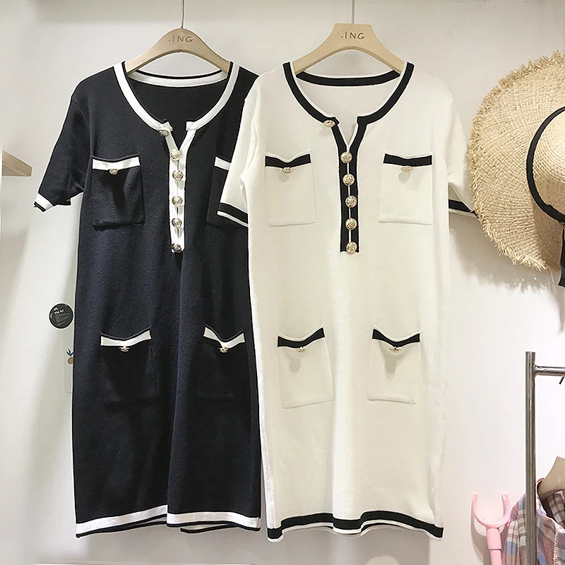 

2019 Vintage Summer Knitted Mini Dress Women O Neck short Sleeve Button Sweater Dresses streetwear Elegant Party Dress vestidos