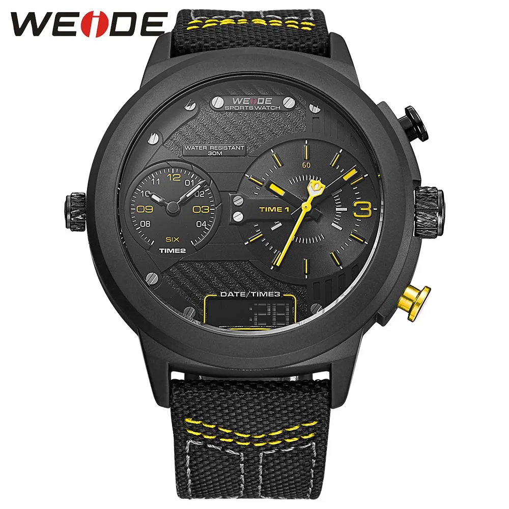 WEIDE Роскошные часы спортивные цифровые нейлоновый ремешок черный круглый большой циферблат многочасовой пояс мужские кварцевые автоматические часы водонепроницаемые аналоговые - Цвет: Цвет: желтый