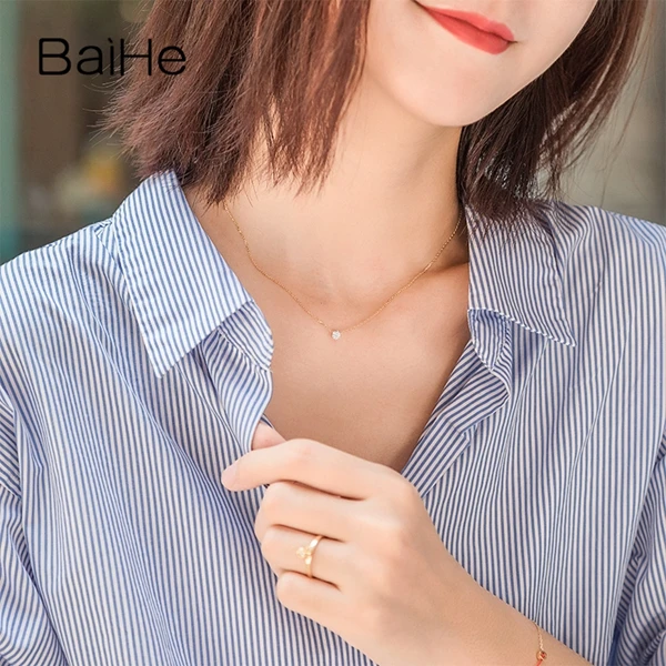 BAIHE Solid 18K желтого золота 0.10CT Сертифицированный H/SI натуральный алмаз помолвка женские модные ювелирные изделия ожерелья