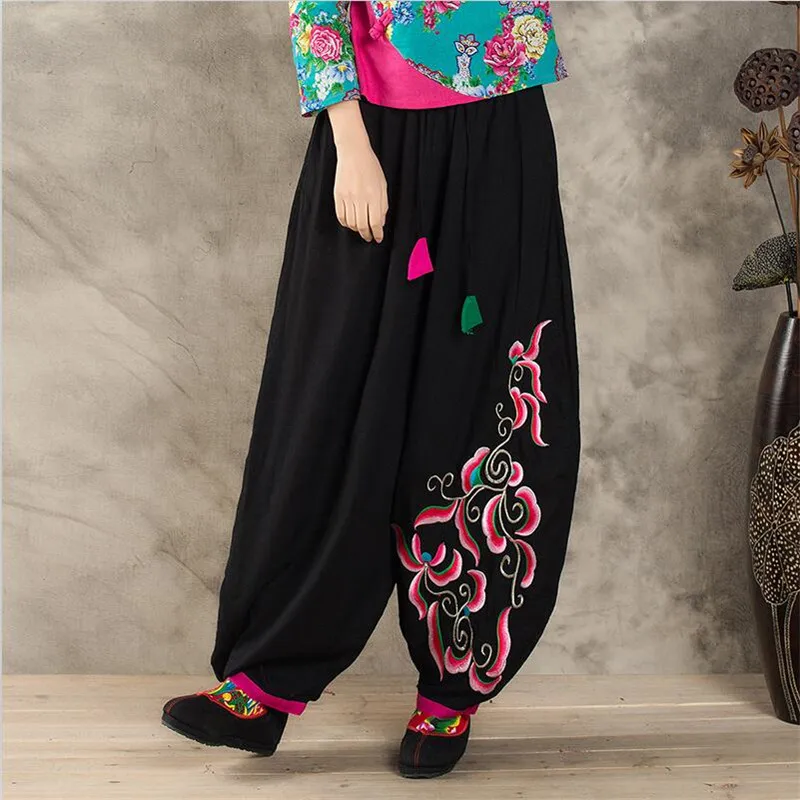 Chinese Style loose full length women pants embroidery mid elastic