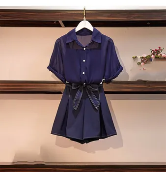 

Fashion 2019 Summer Women Navy Three Piece Set Tops Shorts Office Lady Suit Solid Casual Work 3 Piece Set