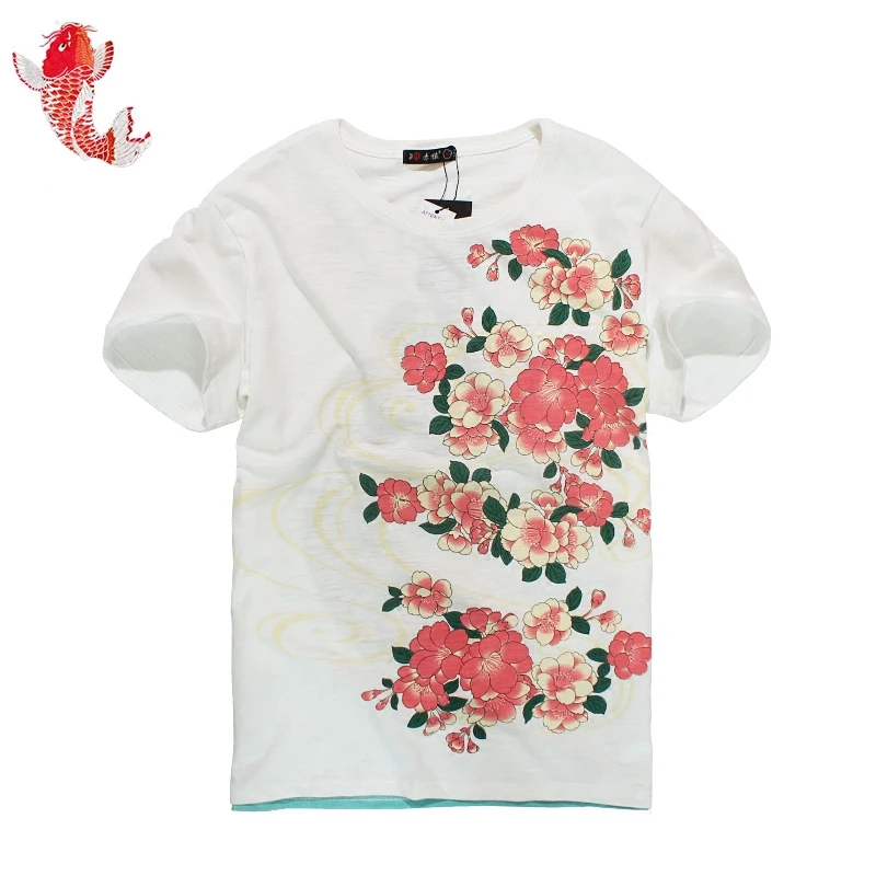 Japanese Style Loose Koi Embroidered Short Sleeve