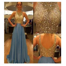 2016 kundenspezifische Elegante A-Line Scoop Abendkleid Mit Luxus Perlen Und Kristall Abendkleid Blau Chiffon Vestido De Noche