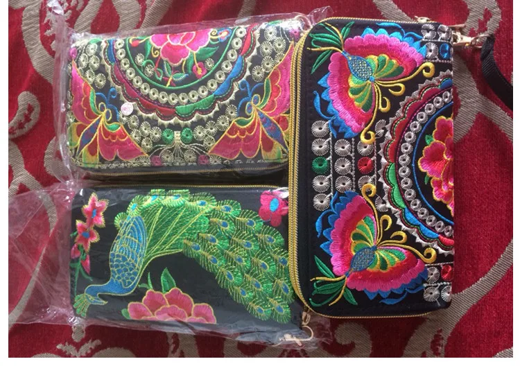 Duplo zíper chinês étnico bordado carteira bolsa