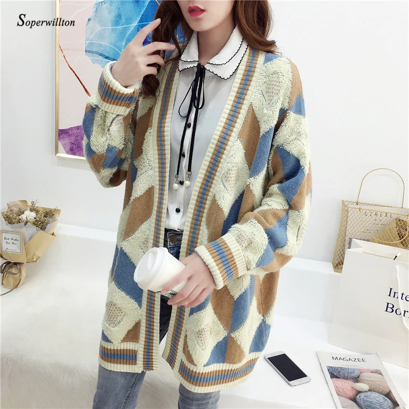 2019 Spring Autumn Winter Women Cardigan Long Sleeve Argyle V-neck Shawl Knitting Thick Sweater White Plus Size Female Clothing |