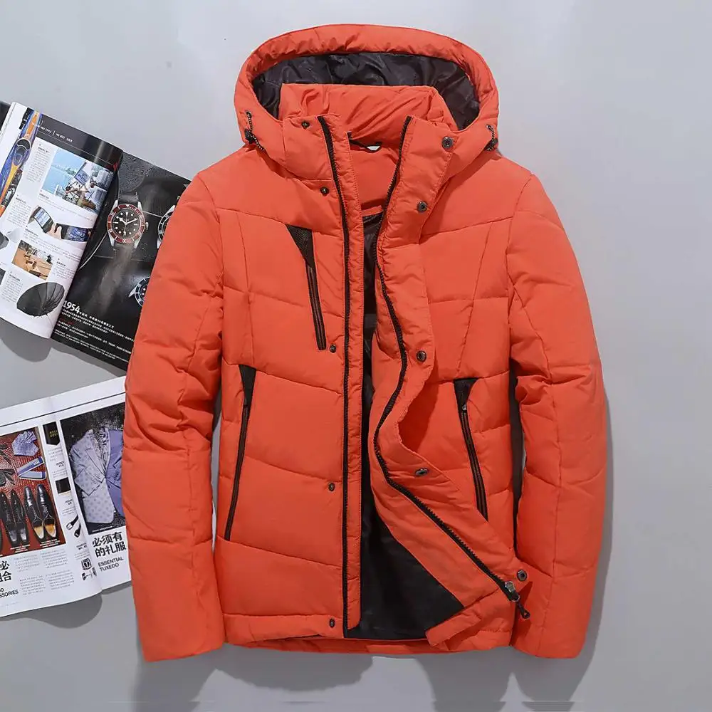 Зимние куртки на утином пуху с капюшоном, мужские теплые толстые качественные пуховые пальто, мужское зимнее пальто, мужские пуховые куртки JK-643 - Цвет: Orange