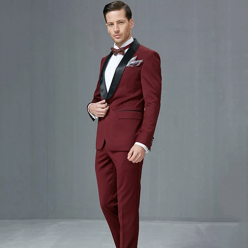 Burgundy wedding suits for men black shawl lapel jacket wine red formal