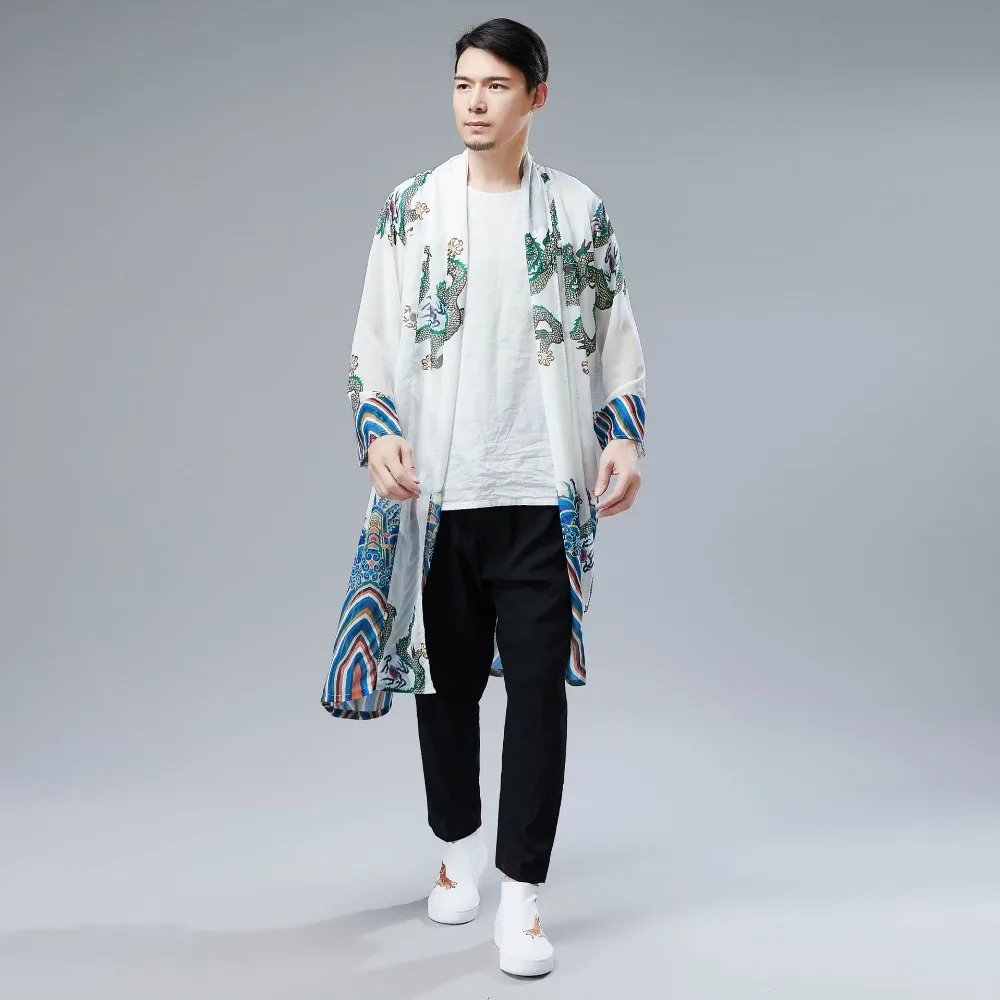 LZJN 2019 Japanese Kimono Cardigan Men Dragon Pattern Print Long Kimono Cardigan Men Thin Mens Kimono Cardigan Jacket Coat  (13)