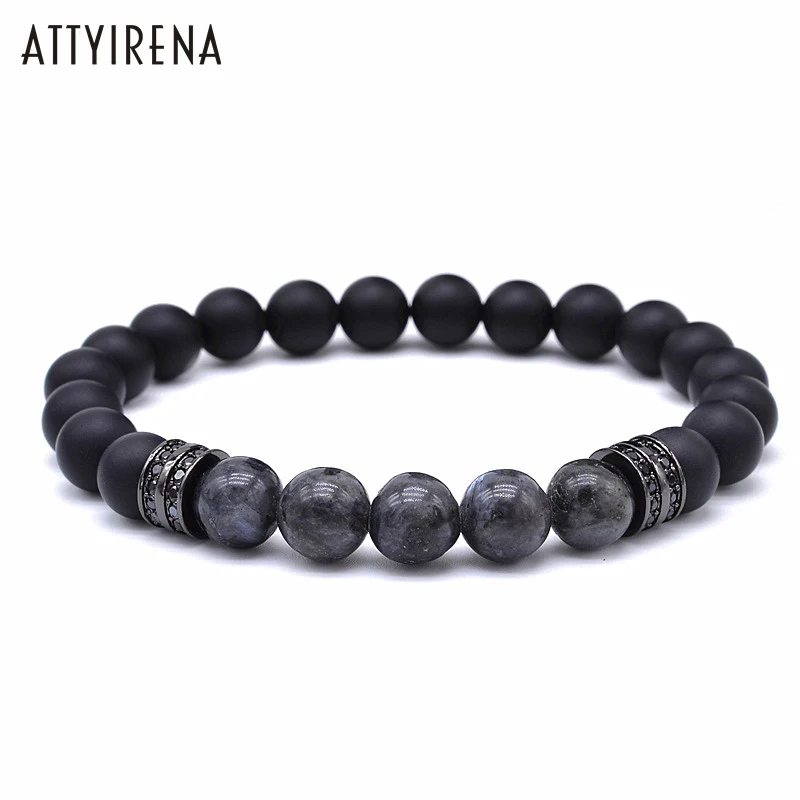 

ATTYIRENA New Charm Bracelet Natural India Labradorite Stone & Copper Pave CZ Double Round 8mm Lucky Black Stone Trendy Bracelet