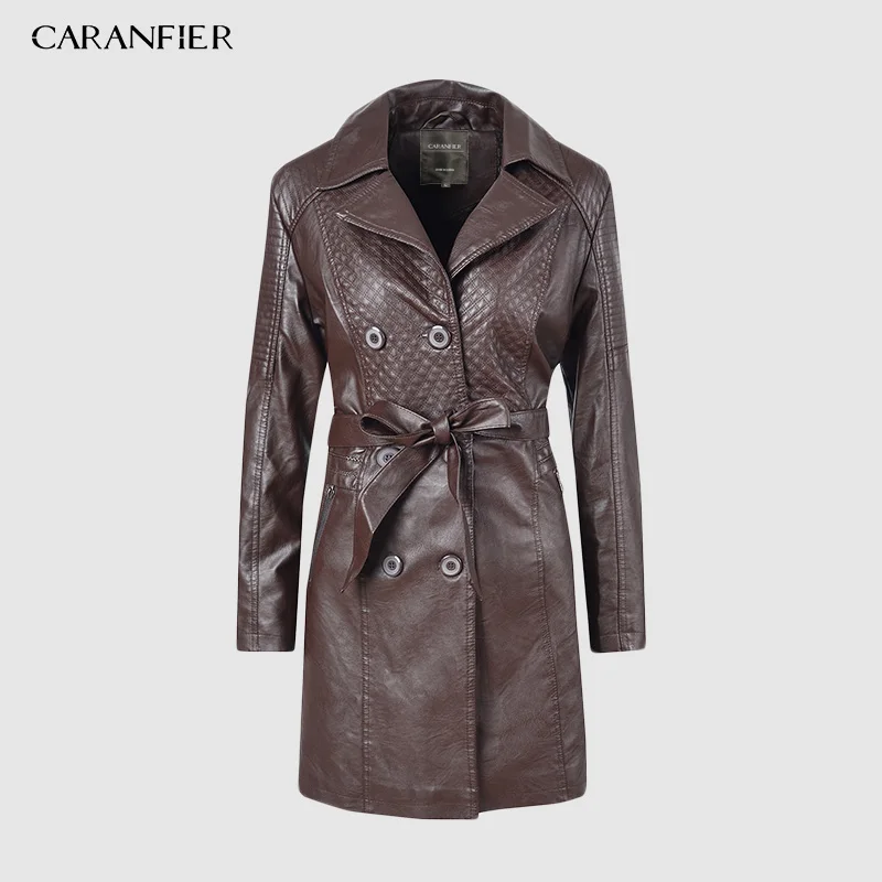 CARANFIER, Женское пальто из искусственной кожи, зимнее пальто с длинным рукавом, двубортное длинное пальто, женская толстая бархатная ветровка - Цвет: Коричневый