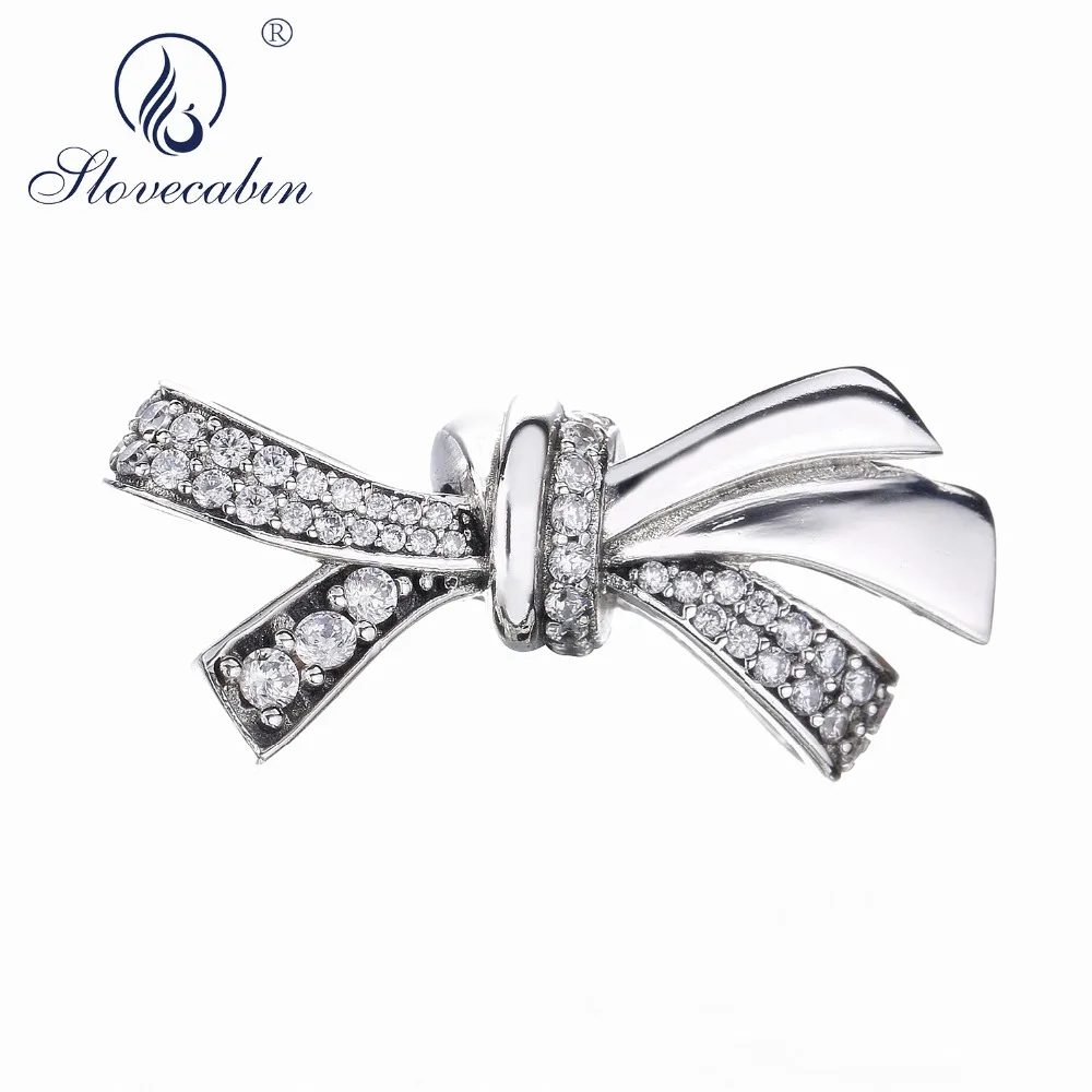

Slovecabin 925 Sterling Silver 2018 Bows Design Cubic Zirconia Brilliant Bow Charm Fit Mother's Day Gift Women Charms Bracelet