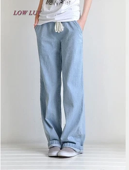 

Plus size casual comfortable loose wide leg pants women's straight jeans elastic waist full length trousers