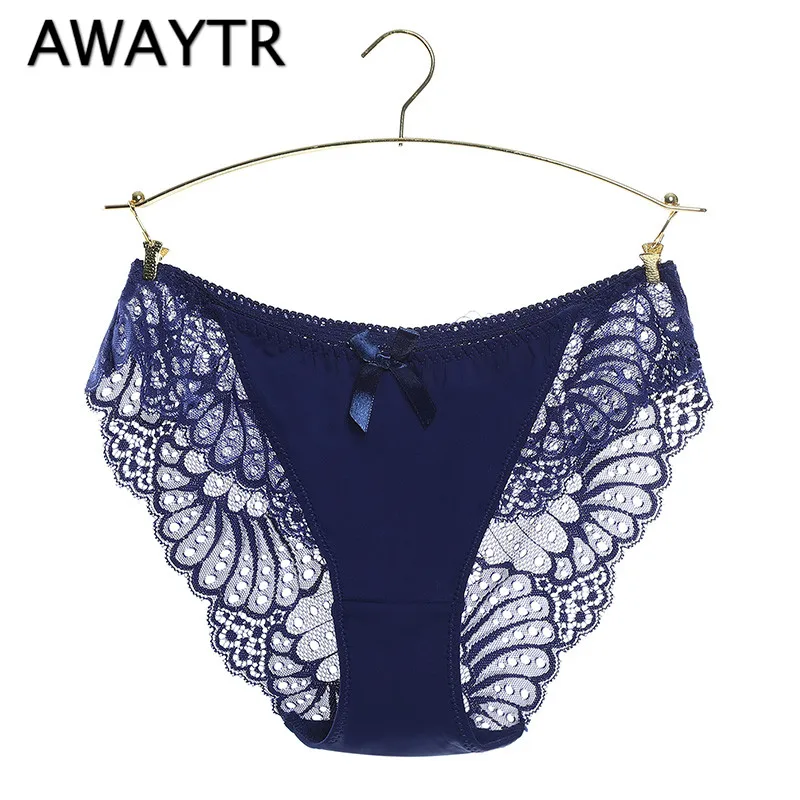Женские прозрачные трусики AWAYTR кружевные однотонные черные с бантом и низкой