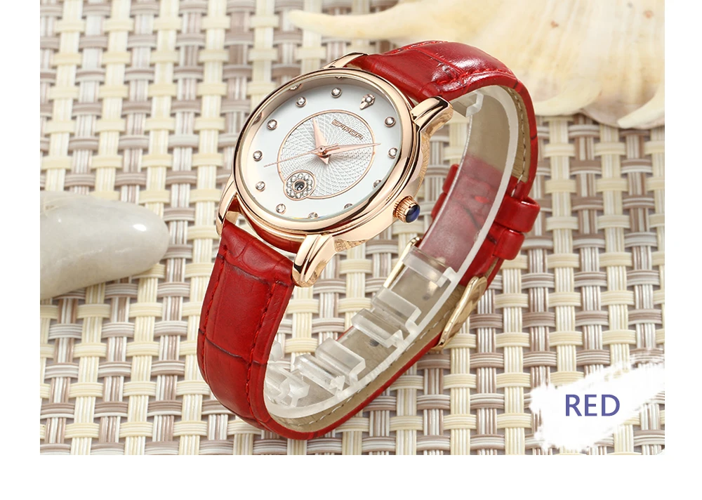 SANDA 198 золотые креативные женские часы с кожаным ремешком, Женские Романтические простые кварцевые наручные часы, relogio feminino