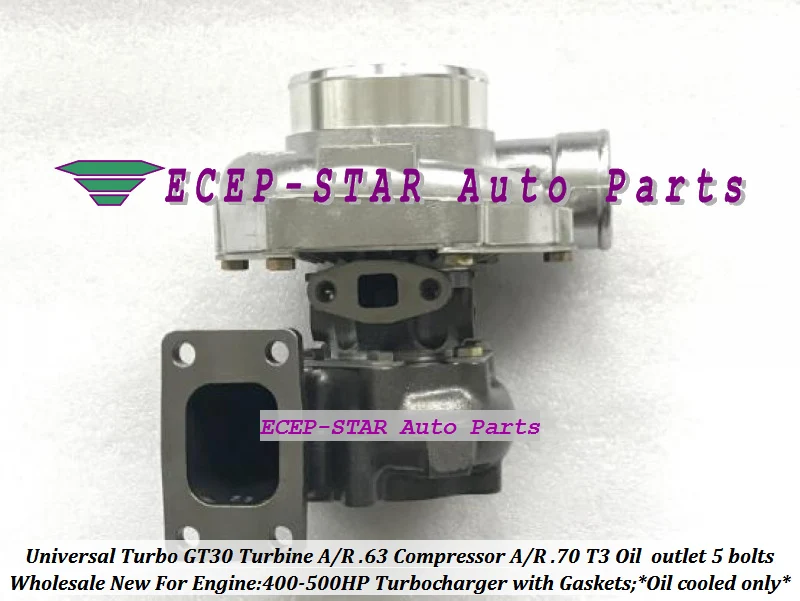 Universal Turbo Turbocharger GT30 Turbine AR .63 Compressor AR .70 T3 Oil cooled outlet 5 bolts 400HP-500HP Gaskets (2)