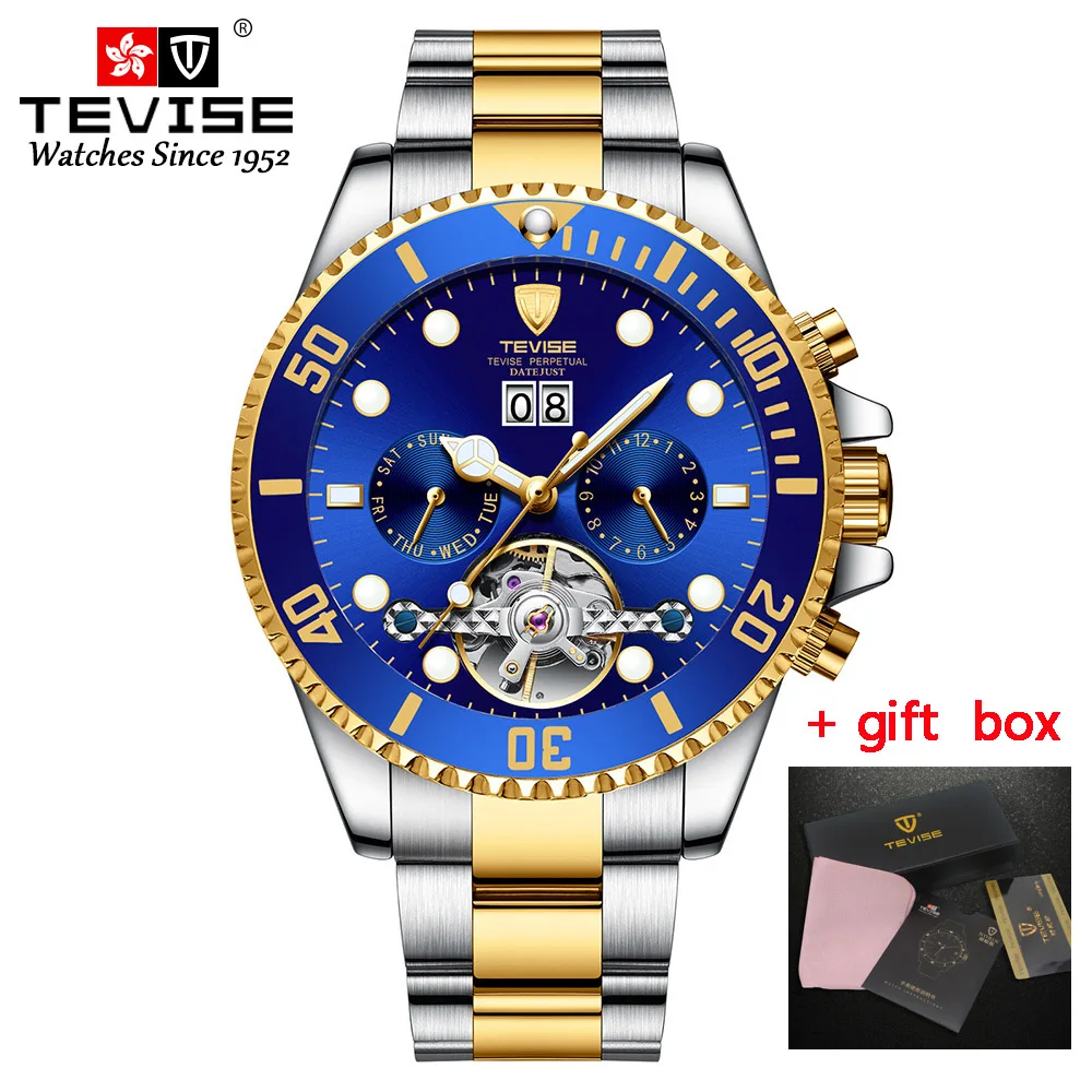 Tevise автоматические механические наручные часы Tourbillon спортивные роскошные Брендовые мужские часы с самообмоткой мужские наручные часы Relogio Masculino - Цвет: gold blue