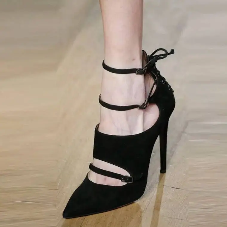 Pointed stiletto heel tie with black hollow buckle single shoes tide ...