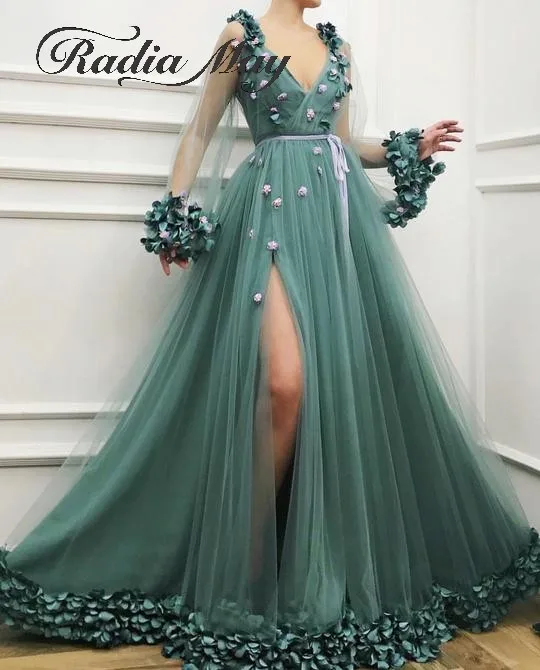 Нефритовое Тюлевое платье ручной работы с объемными цветами с длинными рукавами для выпускного вечера сексуальное Элегантное длинное вечернее платье с глубоким v-образным вырезом и высоким разрезом