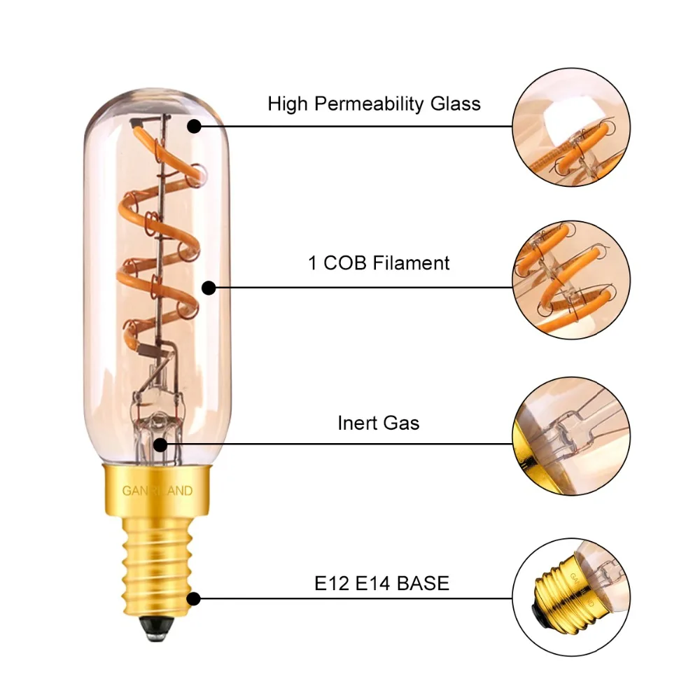 Ganriland E14 светодиодный затемнения янтарного Стекло T25/T8 трубчатый подвесной светильник в стиле ретро 3W 2200K спираль светодиодный ламп накаливания E12 E14 люстра освещение