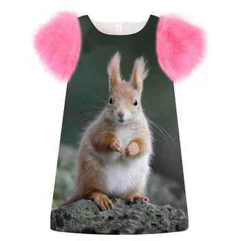 

Girls Dress The rabbit print fashion Birthday party winter autumn faux fur sleeve Toddler Kids baby Children Clothing