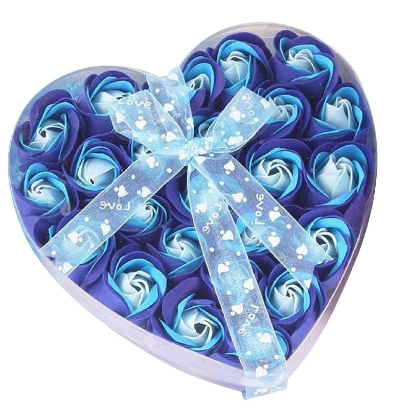 Прекрасная 24 шт Красная Ароматическая ванна мыло в виде лепестков роз в коробка с сердцем (синий)