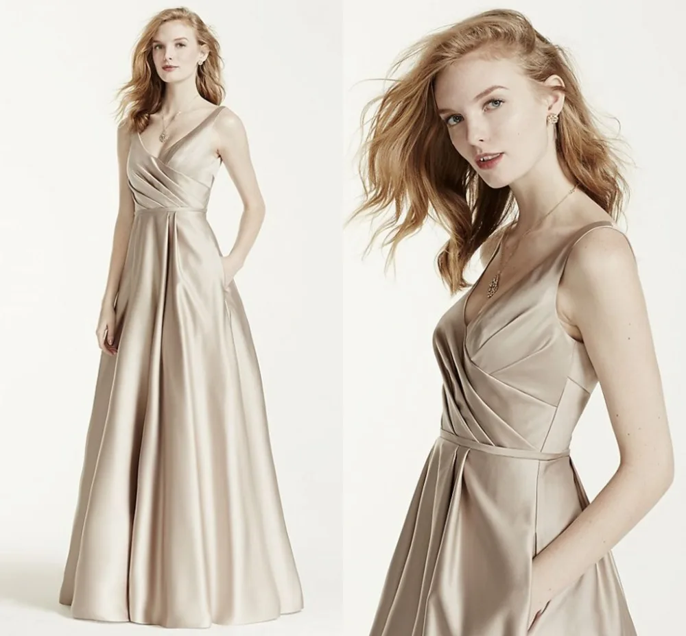 

2020 Simple V Neck Pleat Satin Floor Length Bridesmaid Dresses Pocket Wedding Party Dress Vestido De Festa Longo Customed