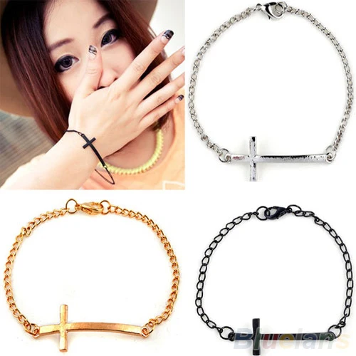 

2016 Fashion Korean Style Women Metal Cross Simple Charm Bracelet 3 colors Silver Gold Black bracelets bangles Jewelry 898M