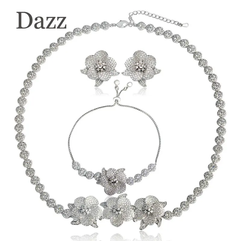

Dazz Luxury Full Micro Inlay Zircon Flower Shape Choker Necklace Earring Bracelet Jewelry Sets Women Wedding Party Dress Bijoux