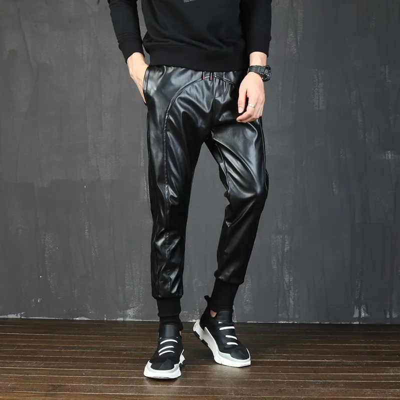 Korean Mens Motorcycle Patchwork Faux Leather Harem Pants Drawstring Elastic Waist Plus Size Male Jogging Trousers Streetwear