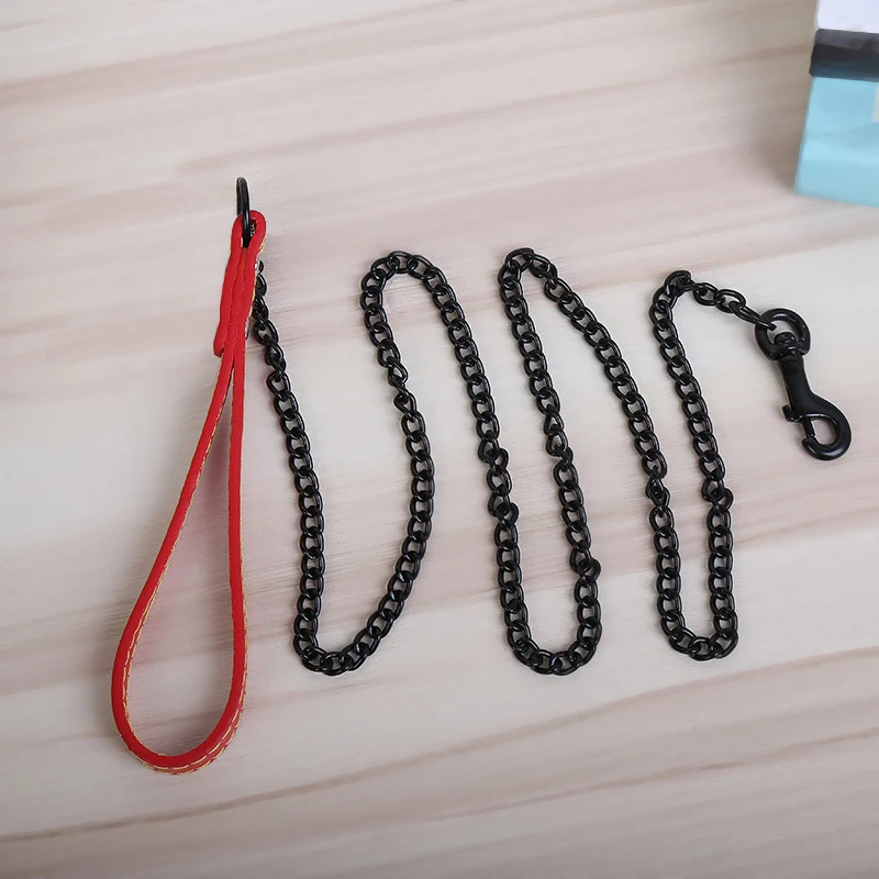 Stainless steel dog chain leash soft PU leather handle pet lead Metal