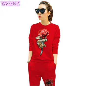 

YAGENZ Spring Autumn New Fashion Large Size Women Sportswear Personalized Roses Pattern Printing 2 Piece Set Tops+Long Pants 332