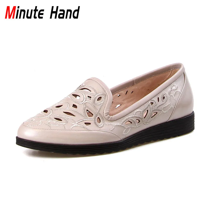 

Minute Hand Spring Summer Genuine Leather Handmade Loafers Women Round Toe Hollow Out Embroider Slip On Flats Women Casual Shoes
