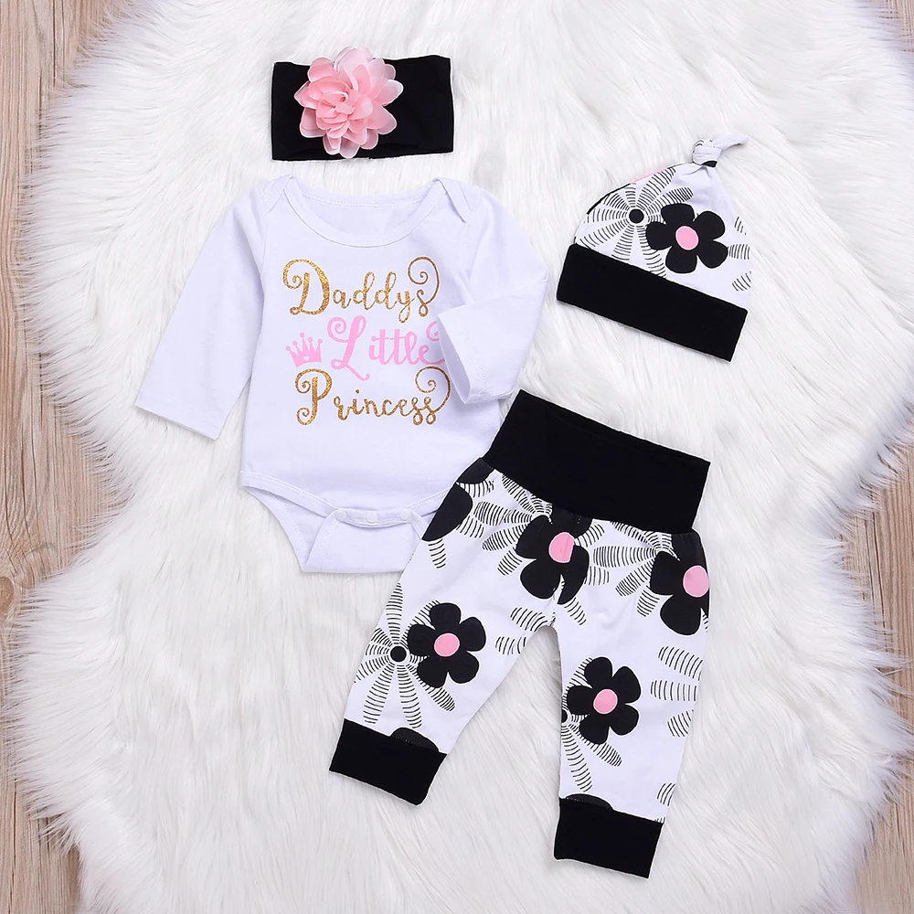 4PCS/Set Cute Newborn Baby Girl Clothes Daddy's Princess Bodysuit