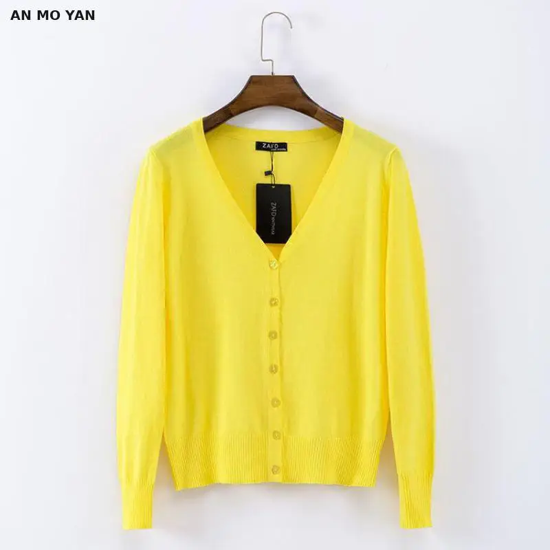 

M-4xl Spring Autumn Women's Yellow Knit Sweater Solid Harajuku Single Breasted Stretch Long Sleeve Loose Cardigans Casual Women