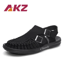 AKZ мужские сандалии летние пляжные сланцы пояса из натуральной кожи дышащие мягкие удобные легкие мужские туфли без каблука обувь для отдыха