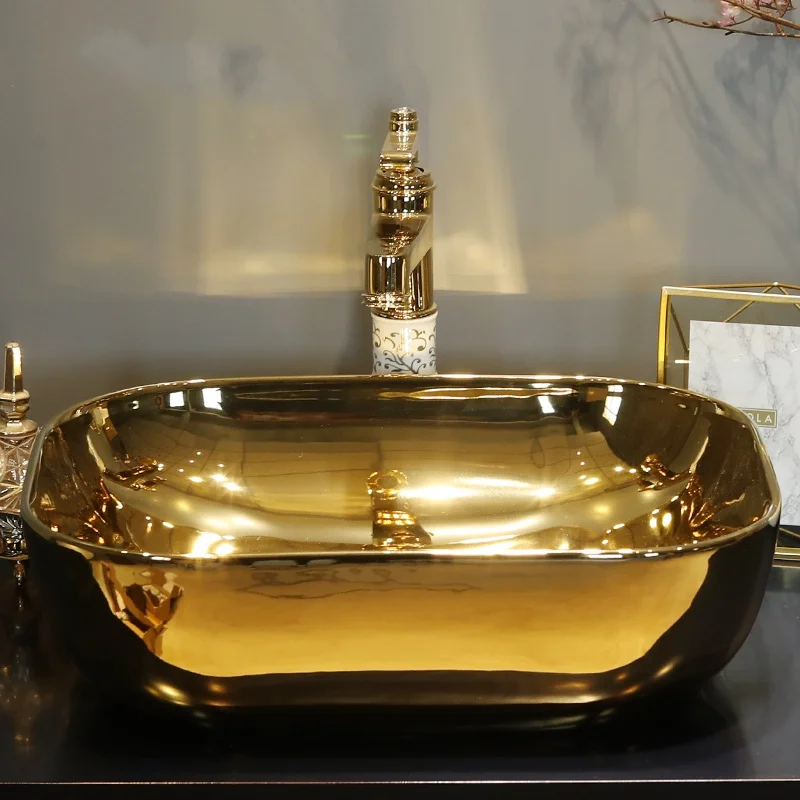 

Jingdezhen Gold Gilt Rectangular Wash Basin Ceramic Bathroom Toilet Sink