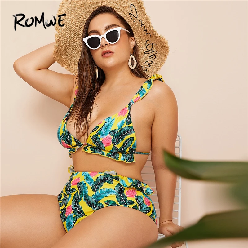 

Romwe Sport Plus Size Bikinis Set Tropical Ruffle Top With High Waist Bottoms Swimsuit Women Summer Sexy Beach Vacation Swimwear